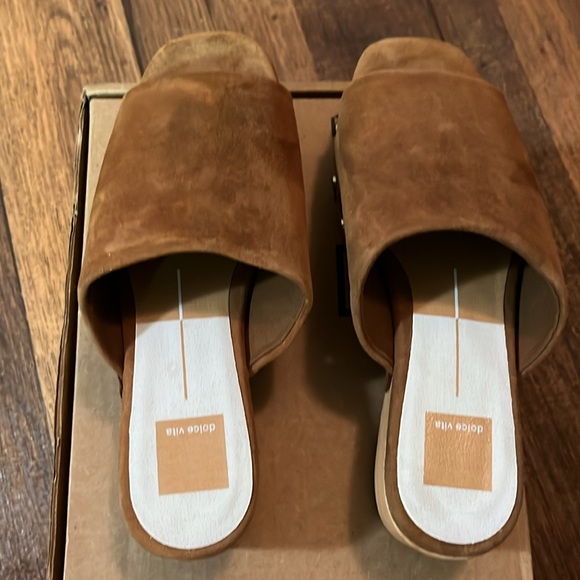 Dolce Vita Women's Dorado Open Toe Clogs Suede Leather Wood Heels Gold Hardware - Picture 7 of 14